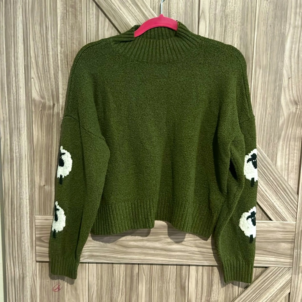 Ultra Flirt Olive Green Cowl Neck Sweater with White Accent Sheep Elbow Patches